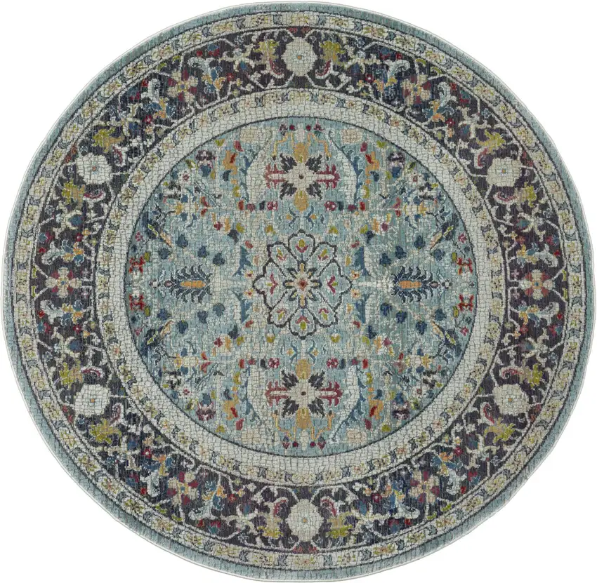 4' Sky Blue Floral Distressed Round Rug Photo 3
