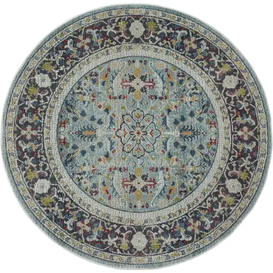 4' Sky Blue Floral Distressed Round Rug Photo 3