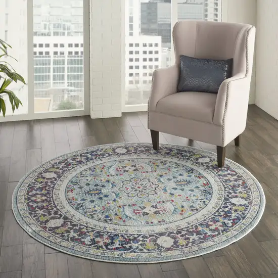 4' Sky Blue Floral Distressed Round Rug Photo 7