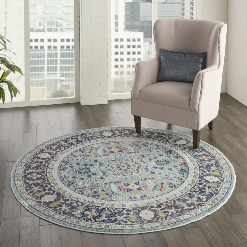 4' Sky Blue Floral Distressed Round Rug Photo 7
