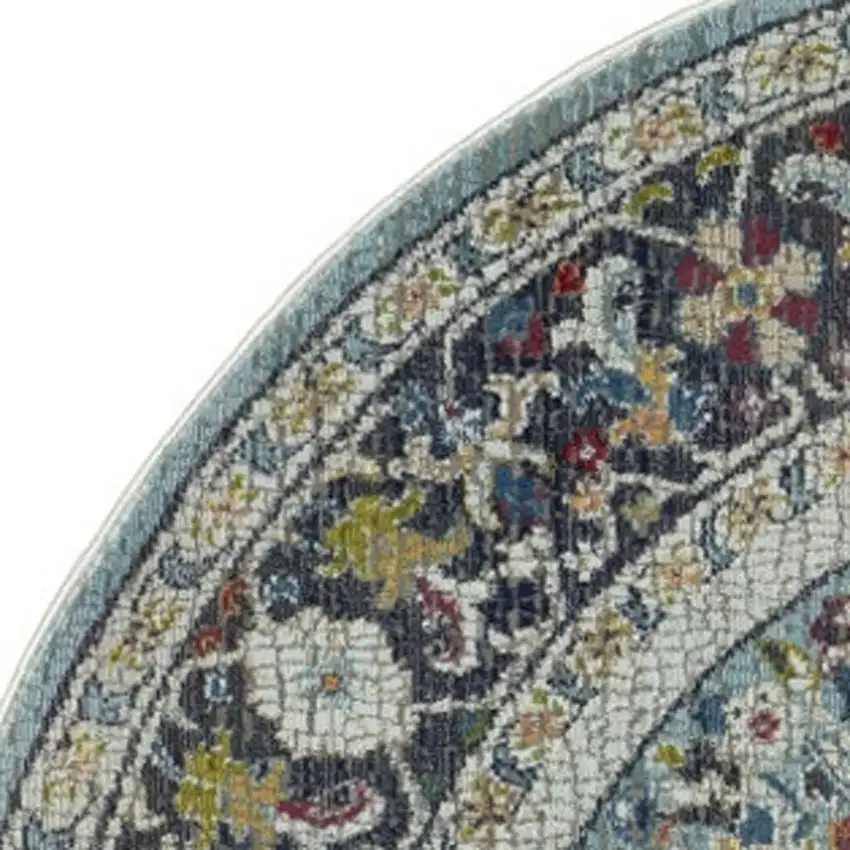 4' Sky Blue Floral Distressed Round Rug Photo 4