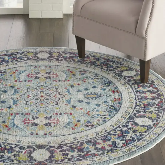 4' Sky Blue Floral Distressed Round Rug Photo 6