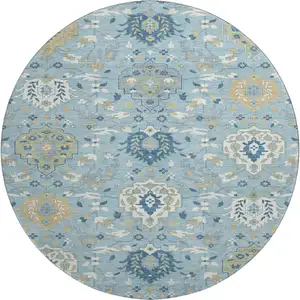 Photo of 8' Sky Blue Gold And Gray Damask Washable Round Rug With UV Protection