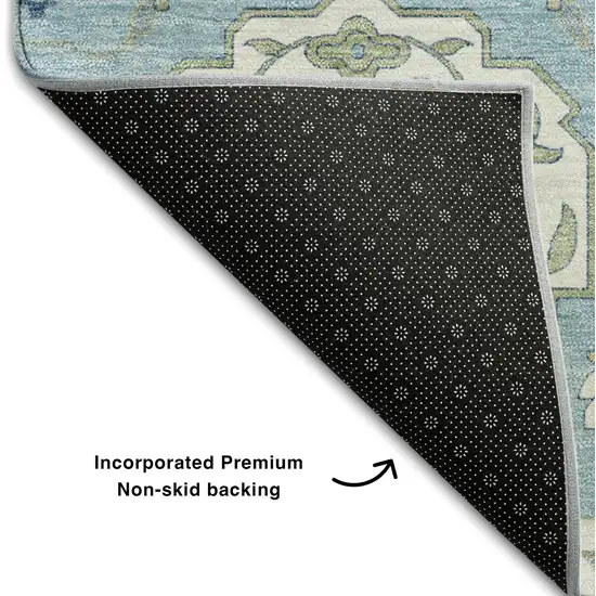 8' Sky Blue Gold And Gray Damask Washable Round Rug With UV Protection Photo 5