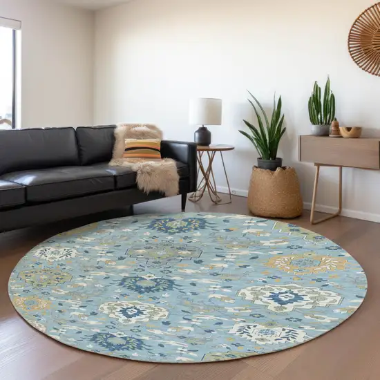 8' Sky Blue Gold And Gray Damask Washable Round Rug With UV Protection Photo 4