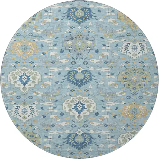 8' Sky Blue Gold And Gray Damask Washable Round Rug With UV Protection Photo 3