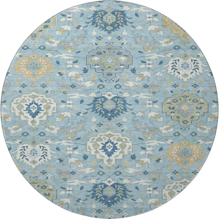 8' Sky Blue Gold And Gray Damask Washable Round Rug With UV Protection Photo 3