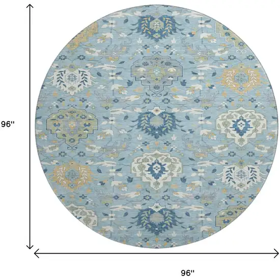 8' Sky Blue Gold And Gray Damask Washable Round Rug With UV Protection Photo 9