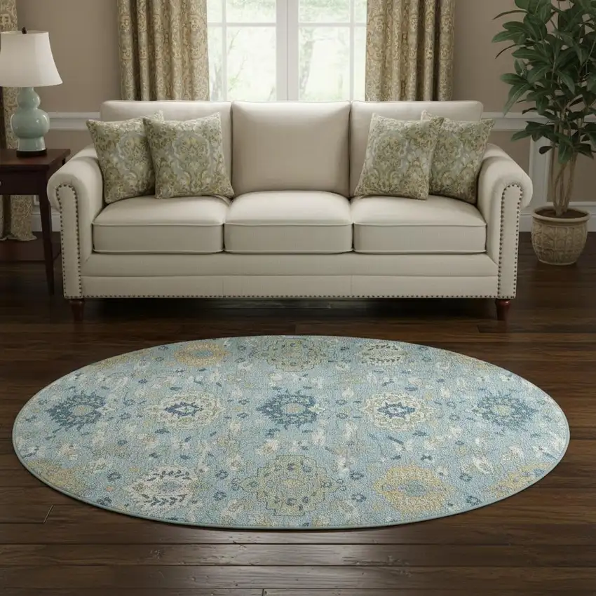 8' Sky Blue Gold And Gray Damask Washable Round Rug With UV Protection Photo 2