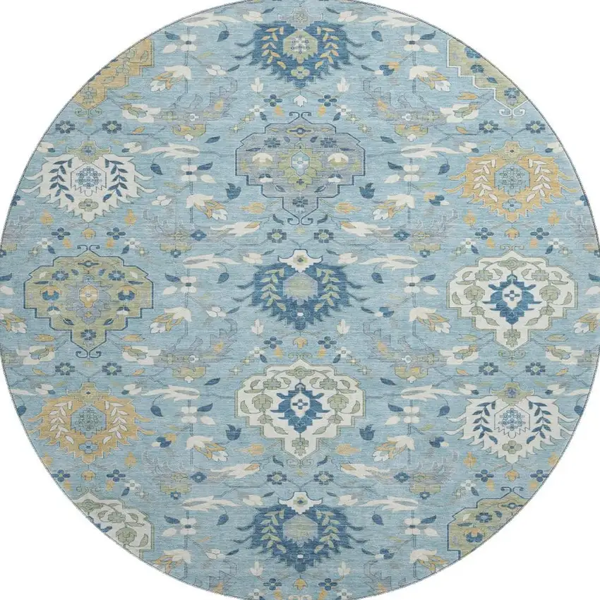 8' Sky Blue Gold And Gray Damask Washable Round Rug With UV Protection Photo 2