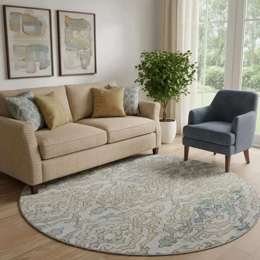 8' Sky Blue Gold And Ivory Medallion Washable Round Rug With UV Protection Photo 1