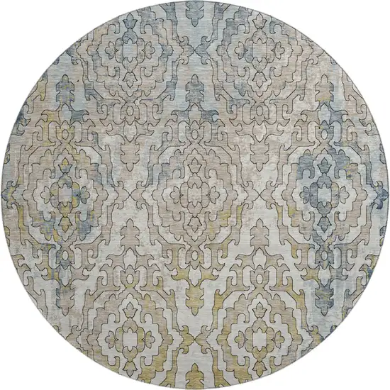 8' Sky Blue Gold And Ivory Medallion Washable Round Rug With UV Protection Photo 2