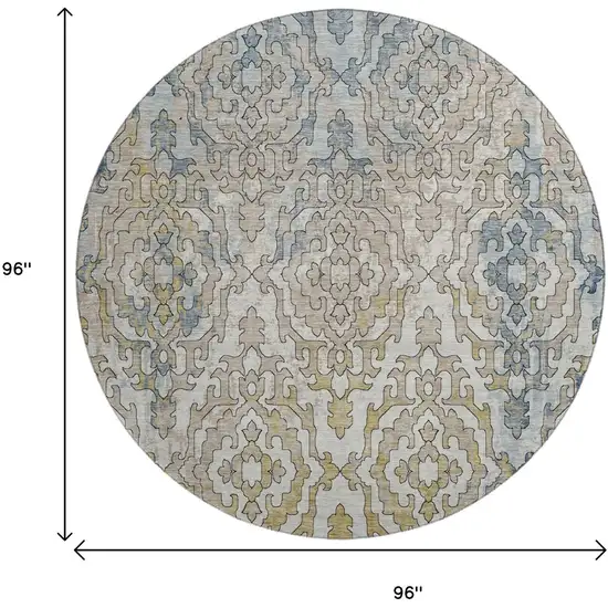8' Sky Blue Gold And Ivory Medallion Washable Round Rug With UV Protection Photo 3