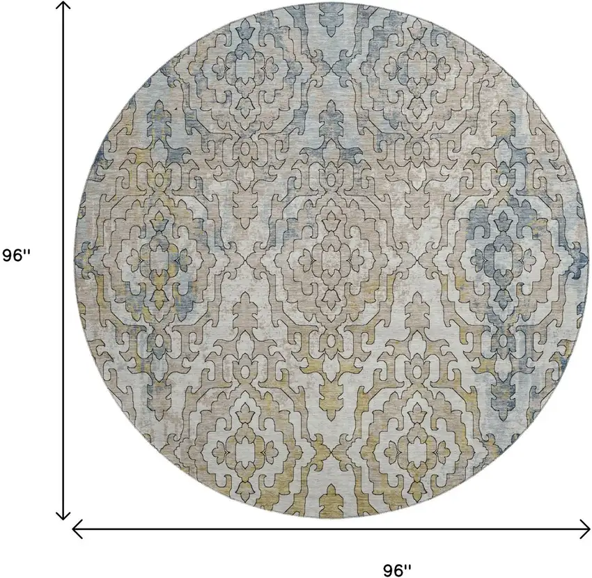 8' Sky Blue Gold And Ivory Medallion Washable Round Rug With UV Protection Photo 3