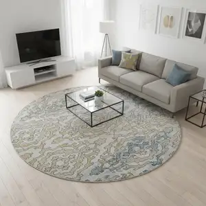 Photo of 8' Sky Blue Gold And Ivory Medallion Washable Round Rug With UV Protection