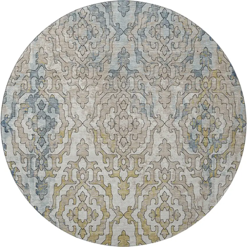8' Sky Blue Gold And Ivory Medallion Washable Round Rug With UV Protection Photo 5