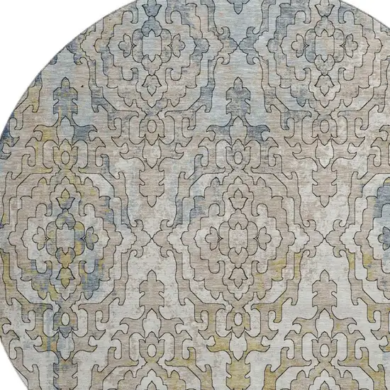 8' Sky Blue Gold And Ivory Medallion Washable Round Rug With UV Protection Photo 4