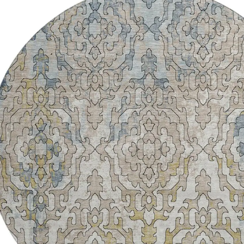 8' Sky Blue Gold And Ivory Medallion Washable Round Rug With UV Protection Photo 4