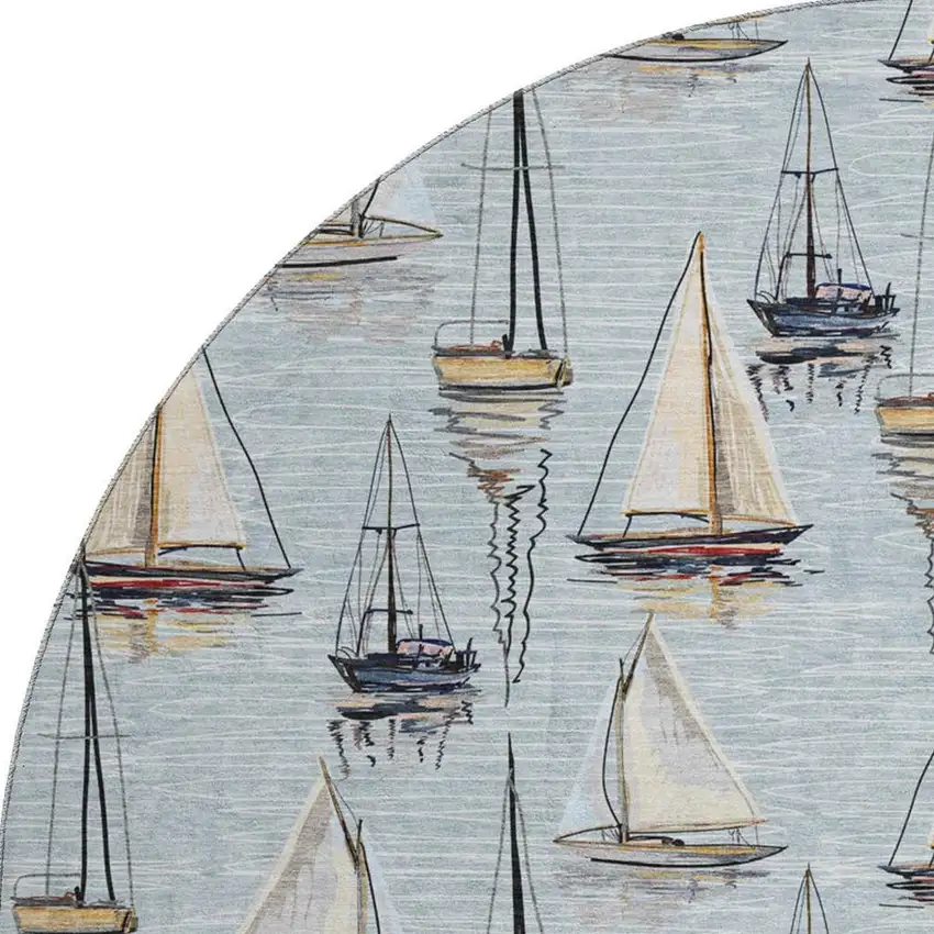 8' Sky Blue Gold And Ivory Nautical Washable Round Rug With UV Protection Photo 5