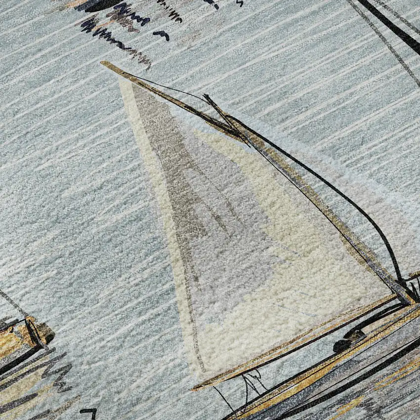 8' Sky Blue Gold And Ivory Nautical Washable Round Rug With UV Protection Photo 9