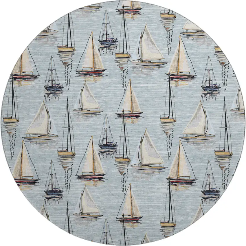 8' Sky Blue Gold And Ivory Nautical Washable Round Rug With UV Protection Photo 2