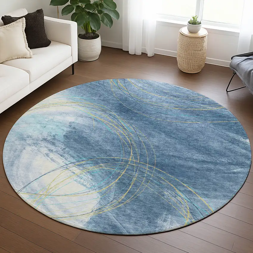 8' Sky Blue Gold And Ivory Round Abstract Washable Indoor Outdoor Area Rug Photo 5