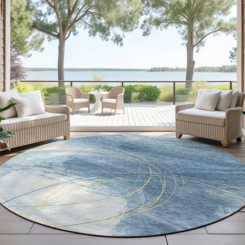 8' Sky Blue Gold And Ivory Round Abstract Washable Indoor Outdoor Area Rug Photo 4