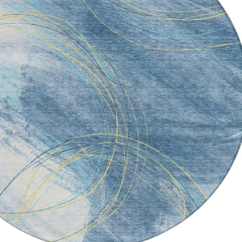 8' Sky Blue Gold And Ivory Round Abstract Washable Indoor Outdoor Area Rug Photo 2