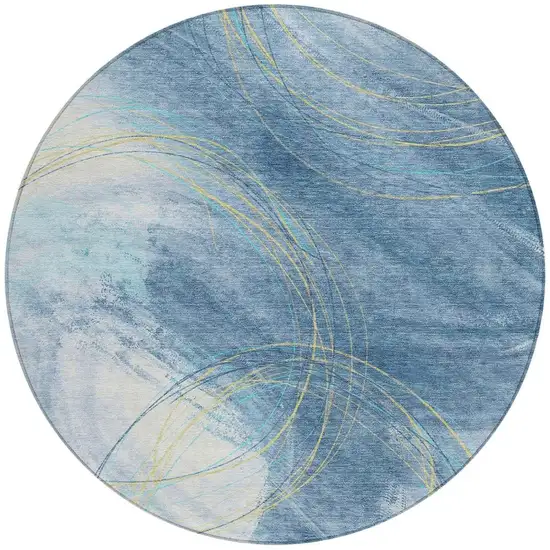 8' Sky Blue Gold And Ivory Round Abstract Washable Indoor Outdoor Area Rug Photo 3