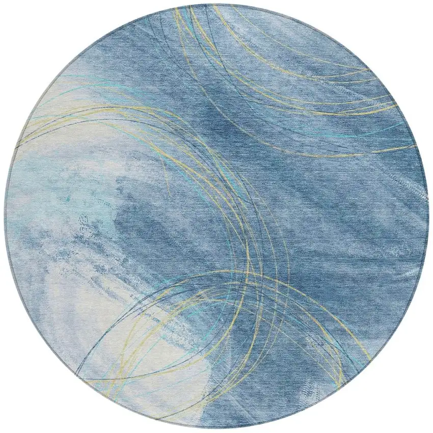 8' Sky Blue Gold And Ivory Round Abstract Washable Indoor Outdoor Area Rug Photo 3