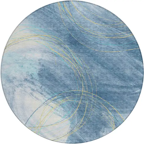 8' Sky Blue Gold And Ivory Round Abstract Washable Indoor Outdoor Area Rug Photo 1