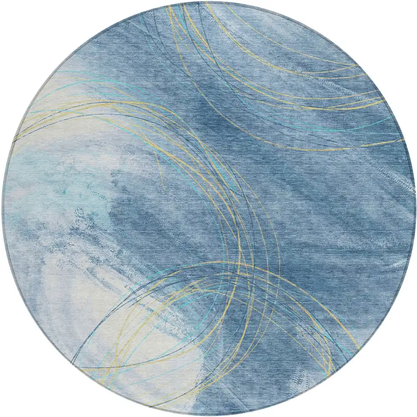 8' Sky Blue Gold And Ivory Round Abstract Washable Indoor Outdoor Area Rug Photo 1