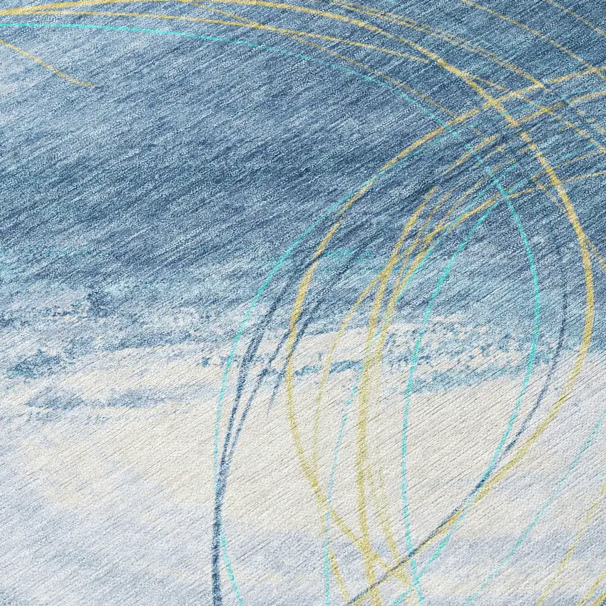 8' Sky Blue Gold And Ivory Round Abstract Washable Indoor Outdoor Area Rug Photo 9