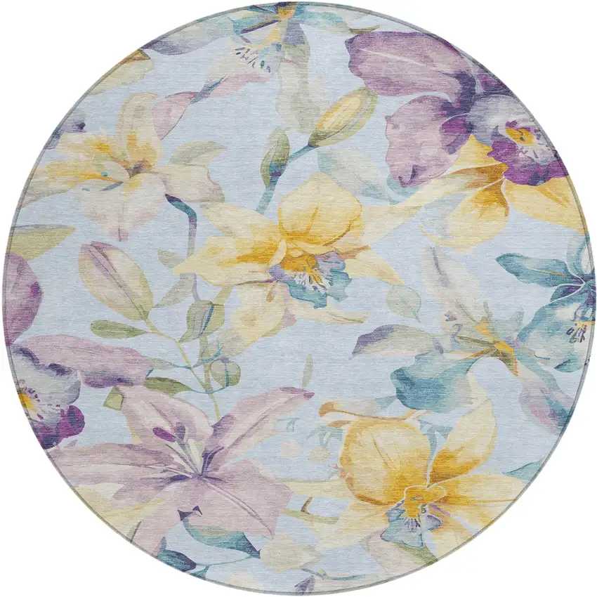 8' Sky Blue Gold And Lavender Round Floral Washable Indoor Outdoor Area Rug Photo 2
