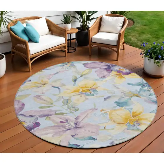 8' Sky Blue Gold And Lavender Round Floral Washable Indoor Outdoor Area Rug Photo 1