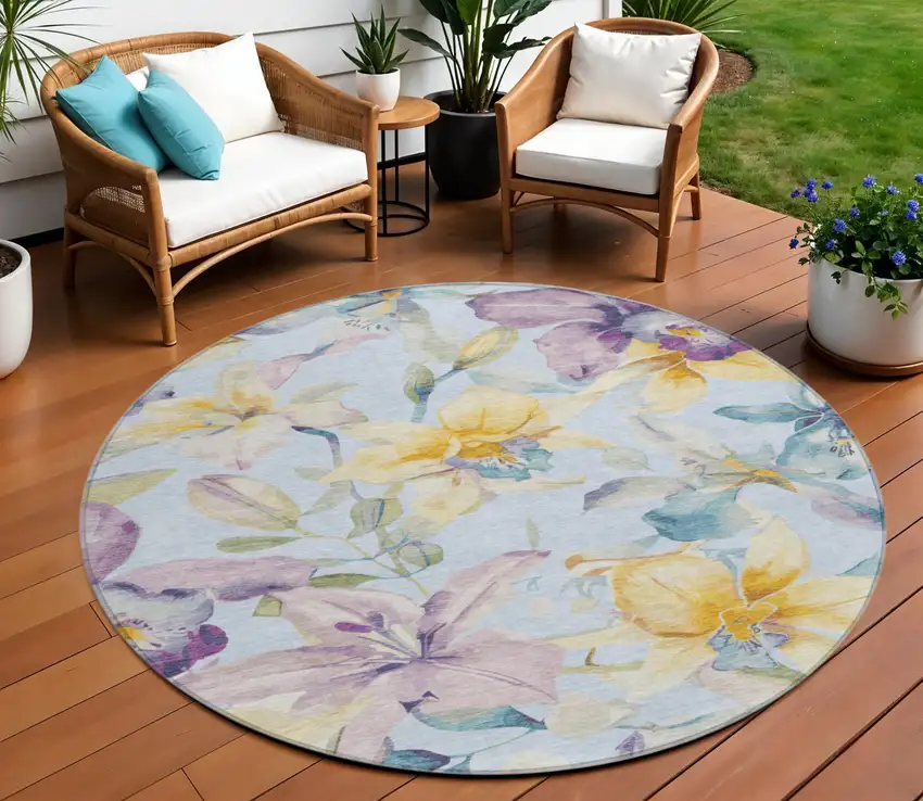 8' Sky Blue Gold And Lavender Round Floral Washable Indoor Outdoor Area Rug Photo 1