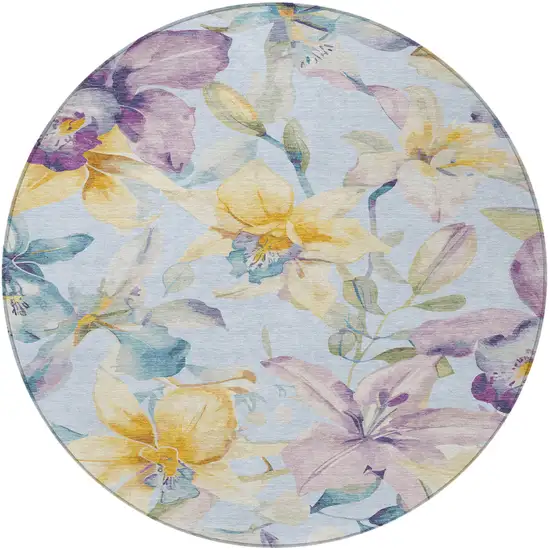 8' Sky Blue Gold And Lavender Round Floral Washable Indoor Outdoor Area Rug Photo 5
