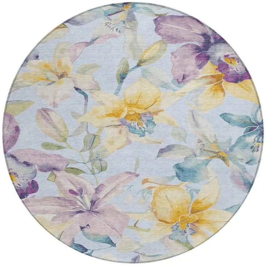 8' Sky Blue Gold And Lavender Round Floral Washable Indoor Outdoor Area Rug Photo 4