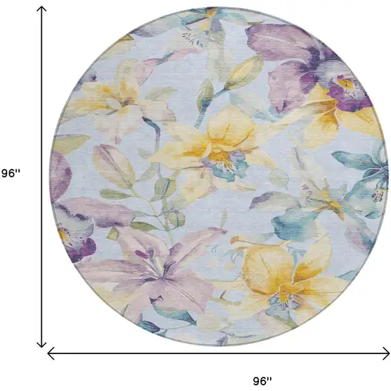 8' Sky Blue Gold And Lavender Round Floral Washable Indoor Outdoor Area Rug Photo 3