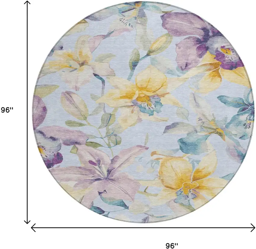 8' Sky Blue Gold And Lavender Round Floral Washable Indoor Outdoor Area Rug Photo 3