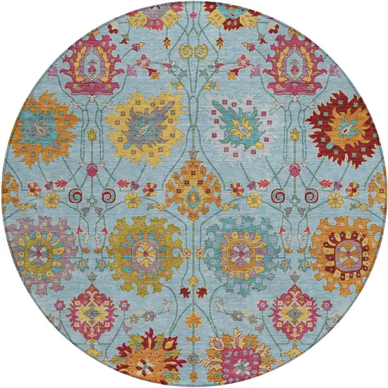 8' Sky Blue Gold And Pink Round Damask Washable Indoor Outdoor Area Rug Photo 2