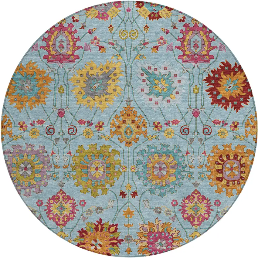 8' Sky Blue Gold And Pink Round Damask Washable Indoor Outdoor Area Rug Photo 2