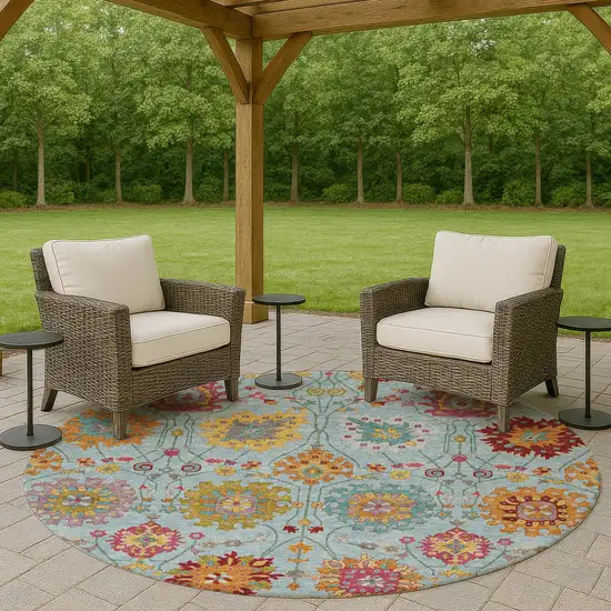 8' Sky Blue Gold And Pink Round Damask Washable Indoor Outdoor Area Rug Photo 8