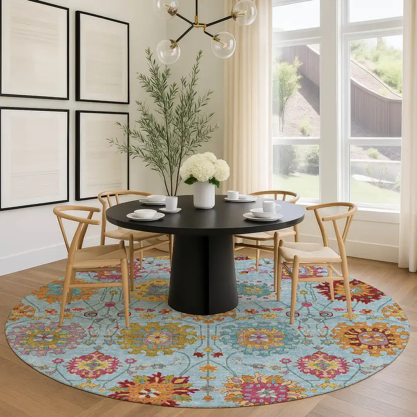 8' Sky Blue Gold And Pink Round Damask Washable Indoor Outdoor Area Rug Photo 9