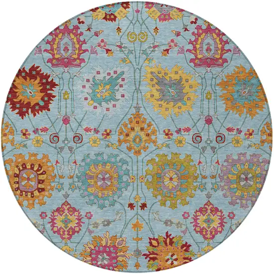 8' Sky Blue Gold And Pink Round Damask Washable Indoor Outdoor Area Rug Photo 4