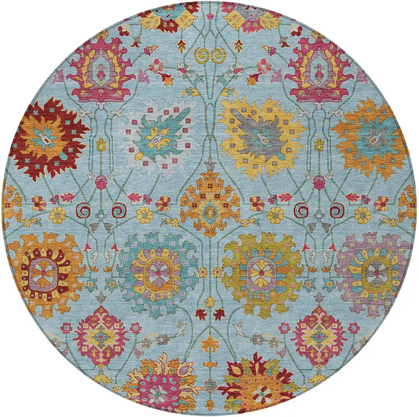 8' Sky Blue Gold And Pink Round Damask Washable Indoor Outdoor Area Rug Photo 4