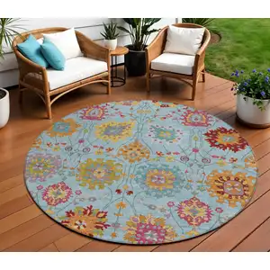 Photo of 8' Sky Blue Gold And Pink Round Damask Washable Indoor Outdoor Area Rug