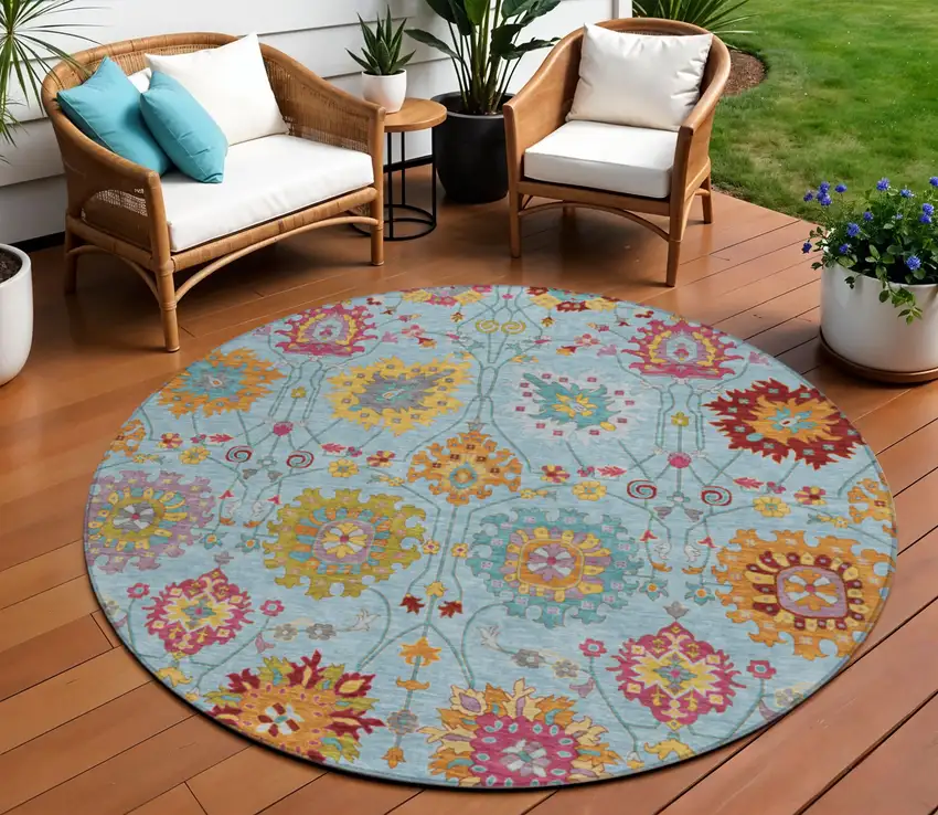 8' Sky Blue Gold And Pink Round Damask Washable Indoor Outdoor Area Rug Photo 1