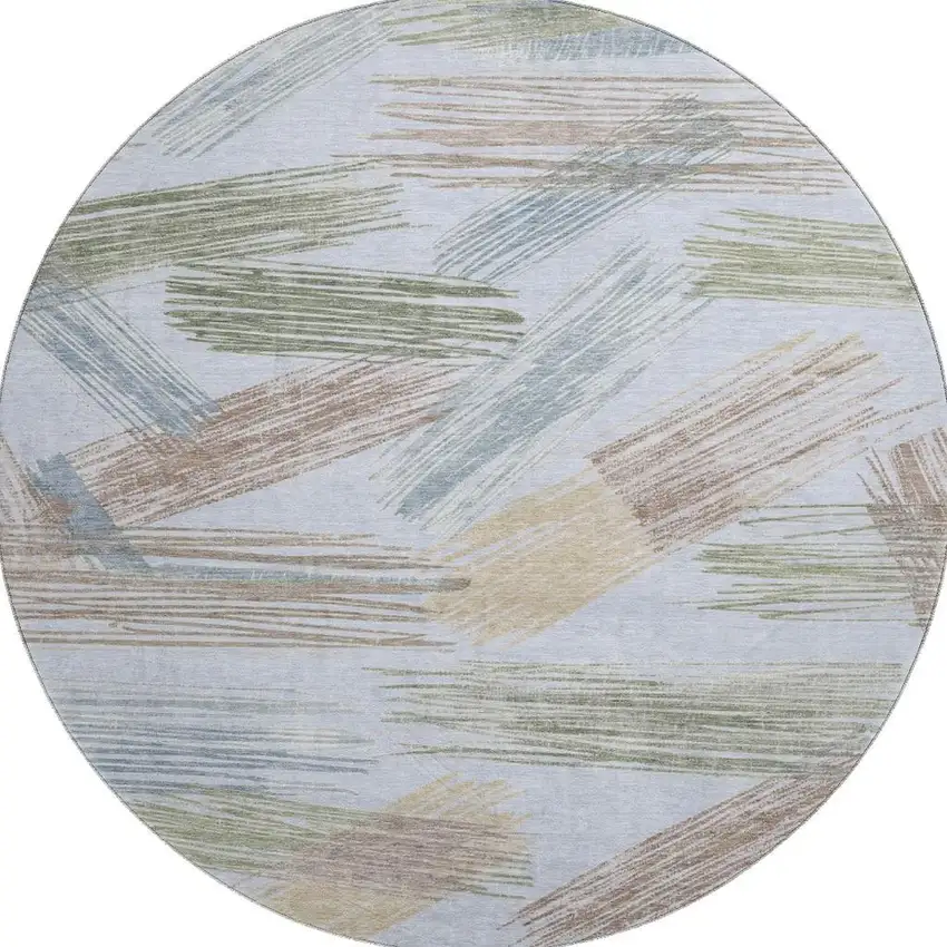 8' Sky Blue Gold And Taupe Striped Washable Round Rug With UV Protection Photo 3