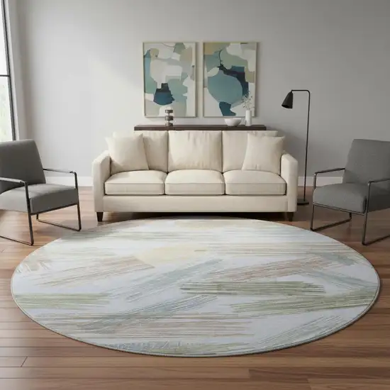 8' Sky Blue Gold And Taupe Striped Washable Round Rug With UV Protection Photo 2